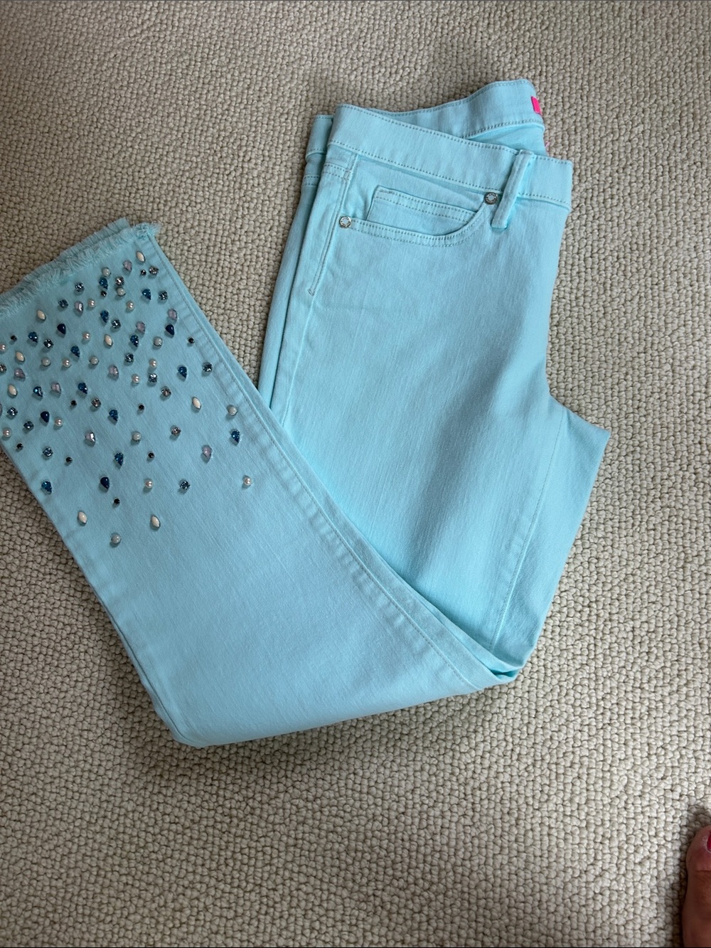 Lilly Pulitzer Embellished Turquoise Jeans with Crystal beading and Frayed Hem - Picture 4 of 5